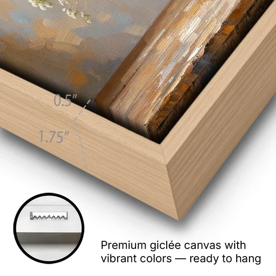 Rustic Kitchen Wall Art with Queen Anne's Lace - Oak Framed Canvas Wall Art - Gallery Wrap Corner