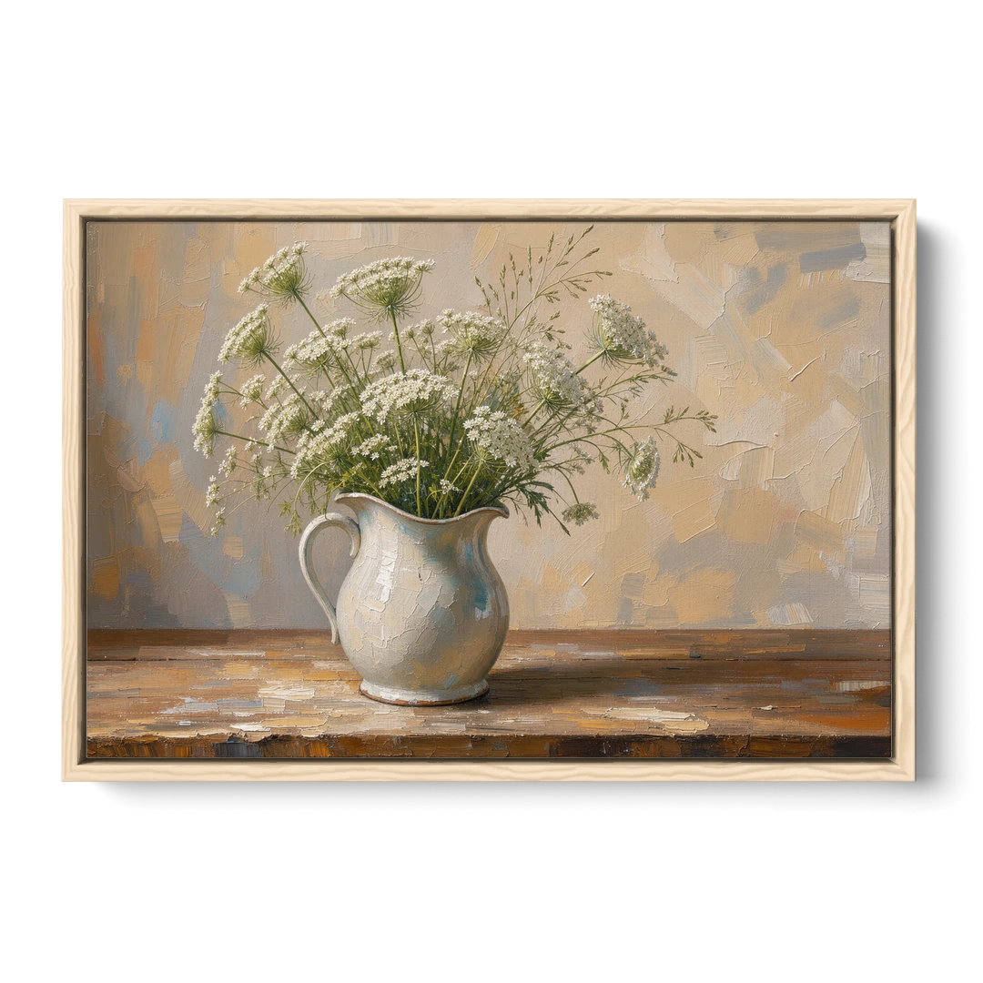 Rustic Kitchen Wall Art with Queen Anne's Lace - Oak Framed Canvas Wall Art - Front