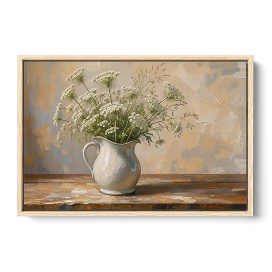 Rustic Kitchen Wall Art with Queen Anne's Lace - Oak Framed Canvas Wall Art - Front
