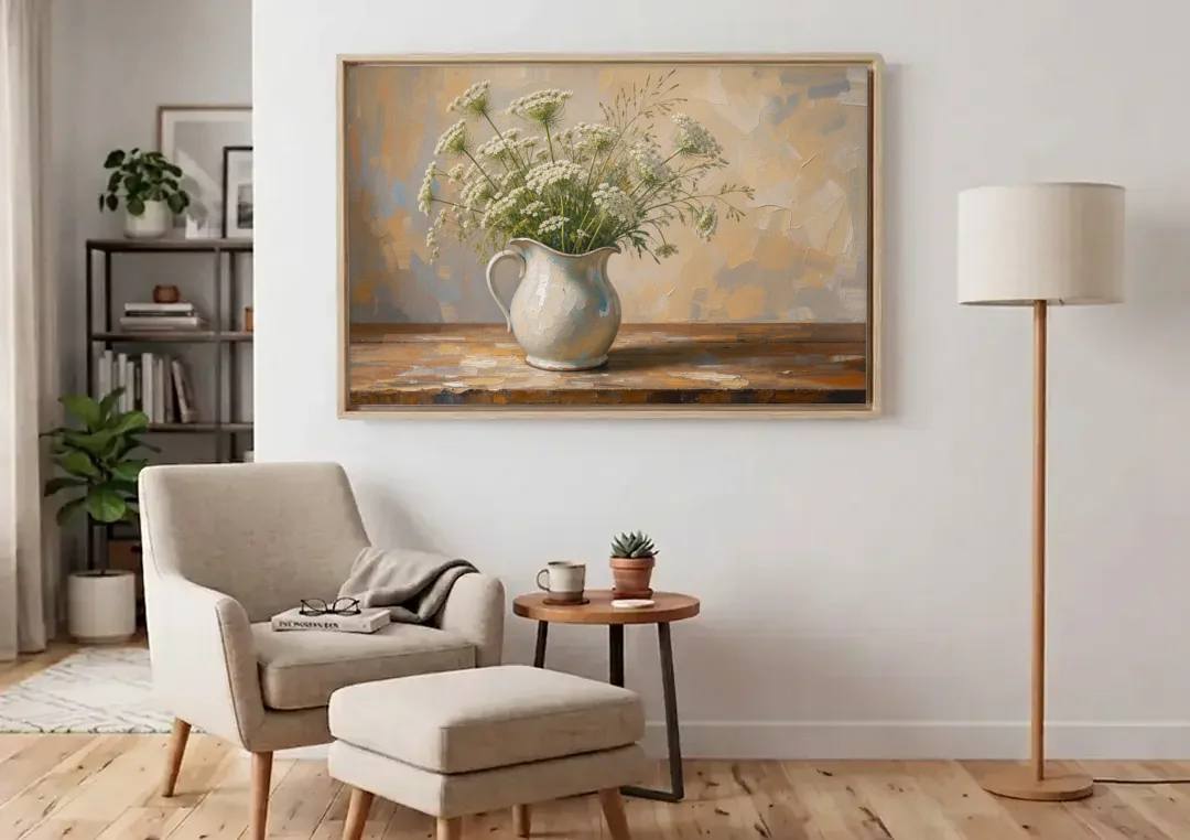 Rustic Kitchen Wall Art with Queen Anne's Lace canvas wall art above an armchair in a bright living room