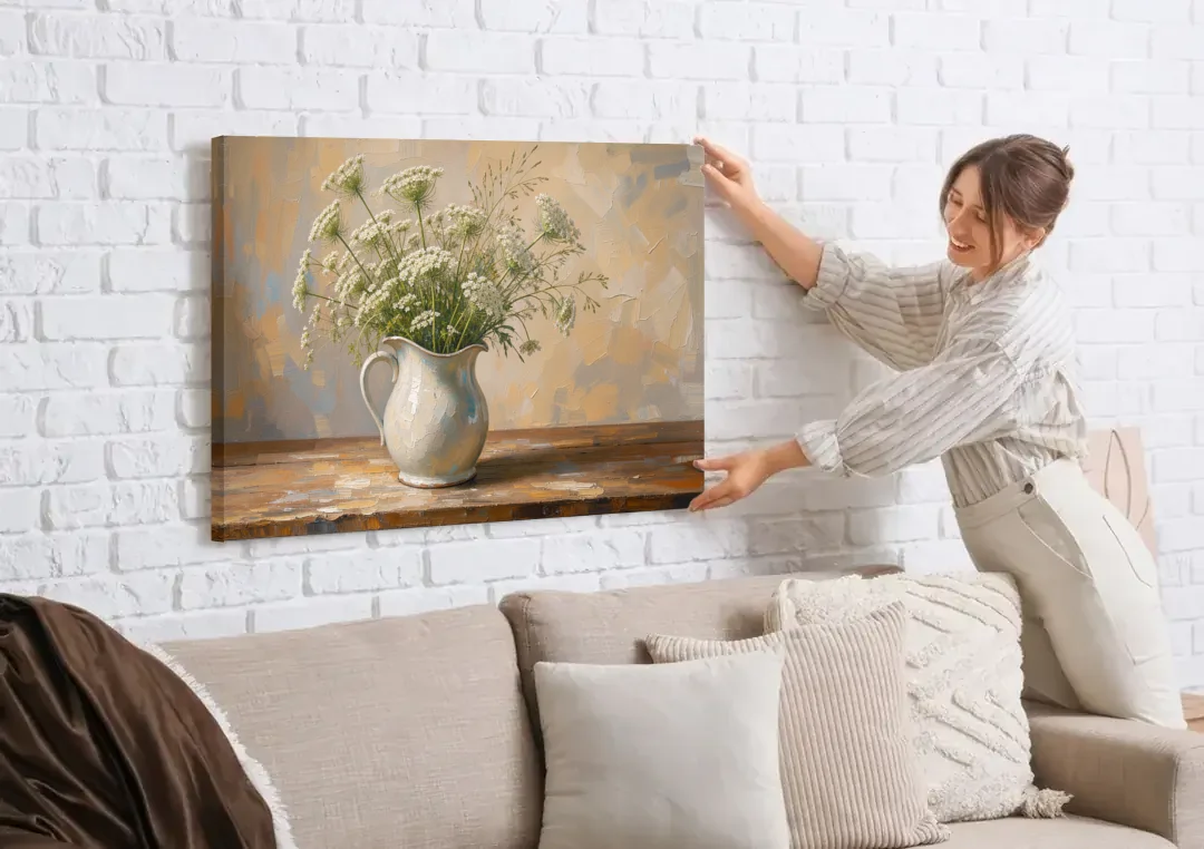 Rustic Kitchen Wall Art with Queen Anne's Lace canvas wall art being hung on a white brick wall above a sofa