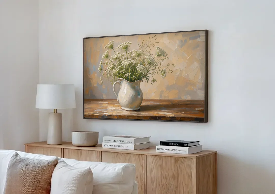 Rustic Kitchen Wall Art with Queen Anne's Lace canvas wall art above a wooden sideboard next to a sofa
