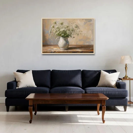 Rustic Kitchen Wall Art with Queen Anne's Lace - Oak Framed Canvas Wall Art - Sofa - 36x24