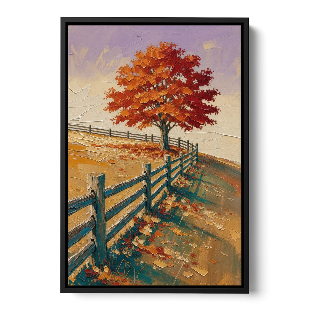Rustic Landscape Wall Art with a Crimson Maple - Black Framed Canvas Wall Art - Front
