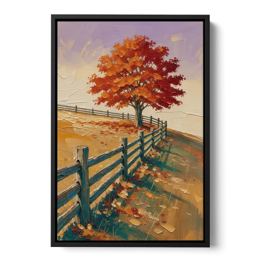 Rustic Landscape Wall Art with a Crimson Maple - Black Framed Canvas Wall Art - Front