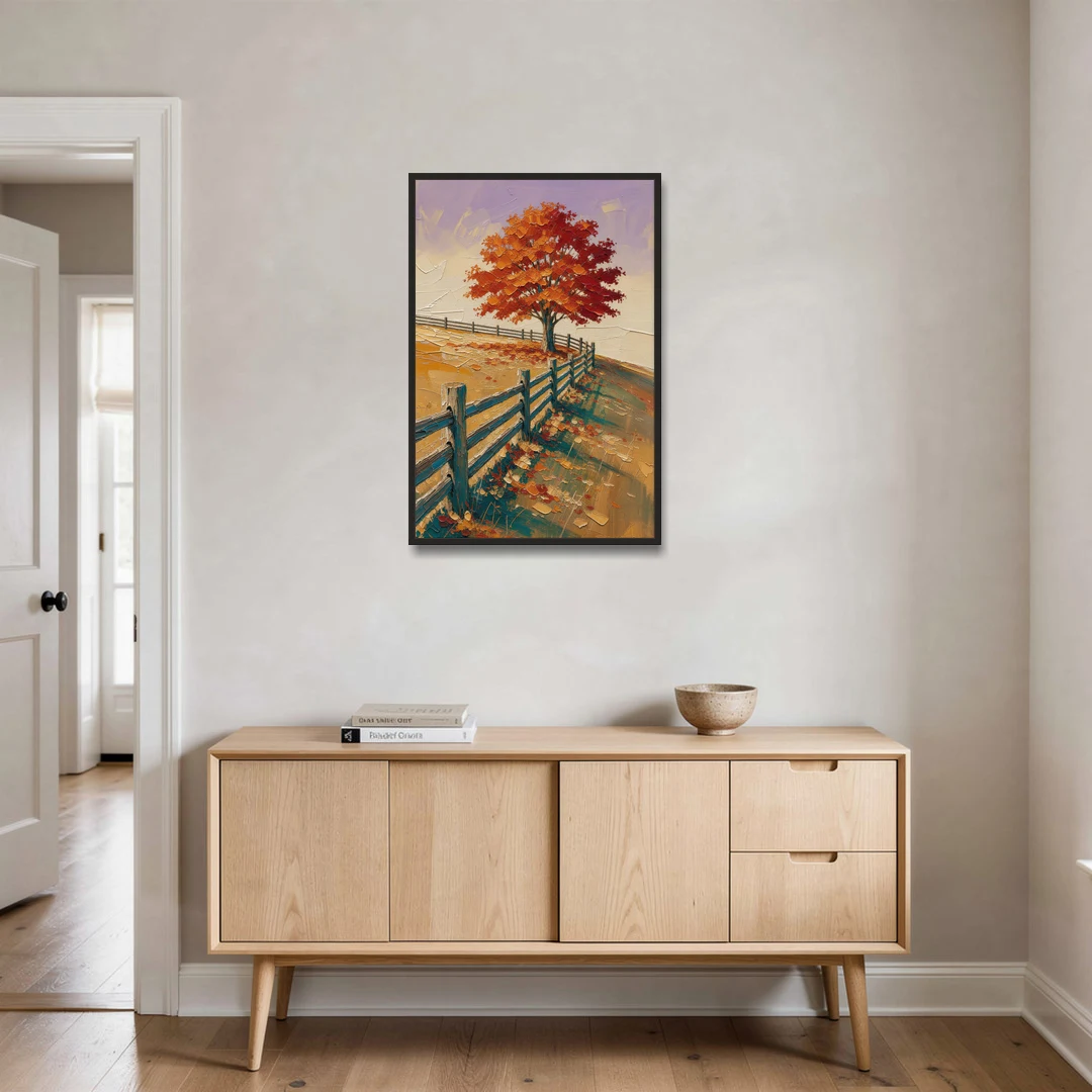 Rustic Landscape Wall Art with a Crimson Maple - Black Framed Canvas Wall Art - Coffee Table - 24x36
