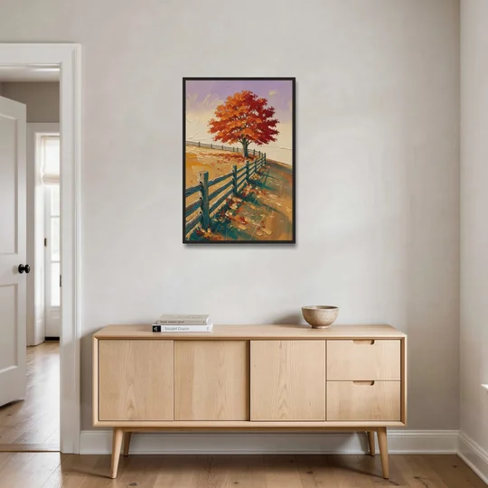 Rustic Landscape Wall Art with a Crimson Maple - Black Framed Canvas Wall Art - Coffee Table - 24x36