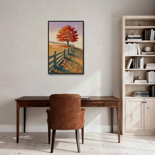 Rustic Landscape Wall Art with a Crimson Maple - Black Framed Canvas Wall Art - Office - 24x36