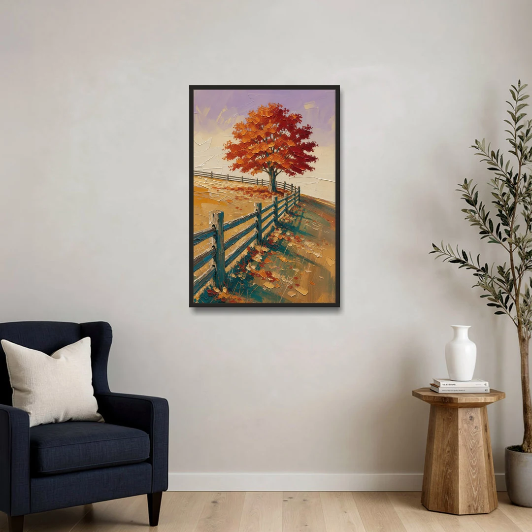 Rustic Landscape Wall Art with a Crimson Maple - Black Framed Canvas Wall Art - Sofa - 24x36