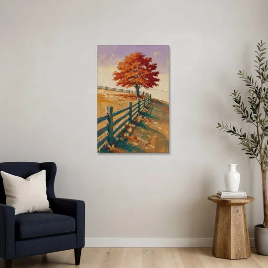 Rustic Landscape Wall Art with a Crimson Maple - Canvas Wall Art - Sofa - 24x36