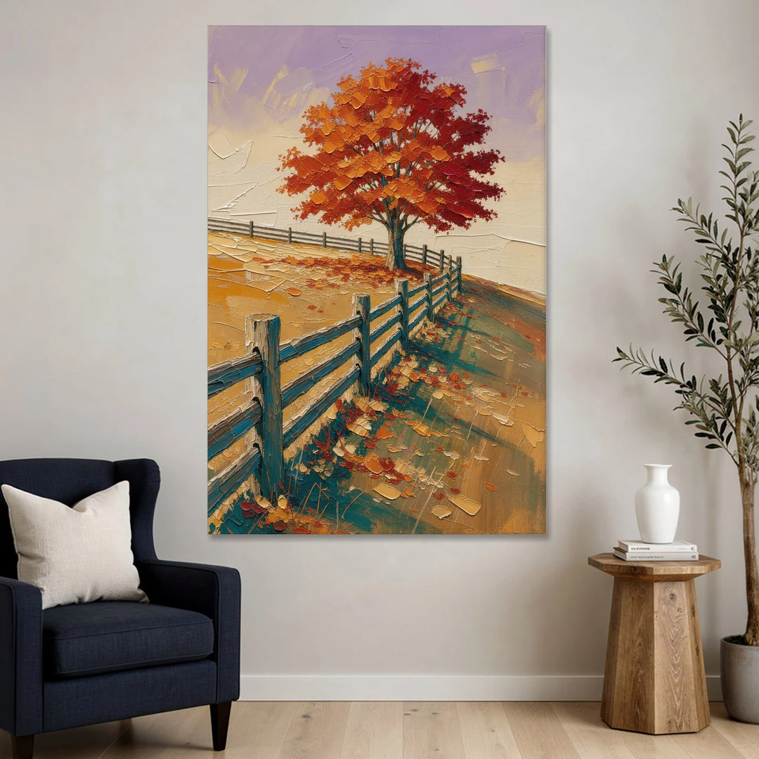 Rustic Landscape Wall Art with a Crimson Maple - Canvas Wall Art - Sofa - 40x60