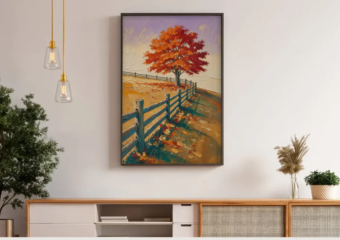 Rustic Landscape Wall Art with a Crimson Maple canvas wall art above a wooden sideboard under pendant lights