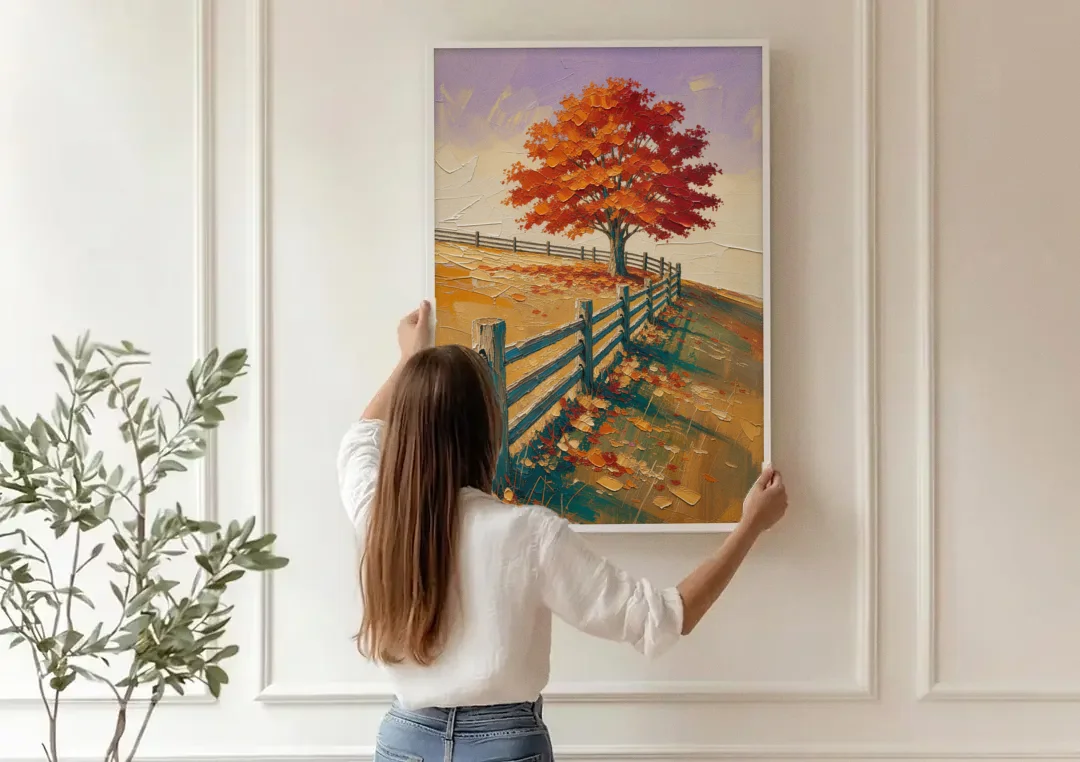 Rustic Landscape Wall Art with a Crimson Maple canvas wall art being hung on a paneled wall