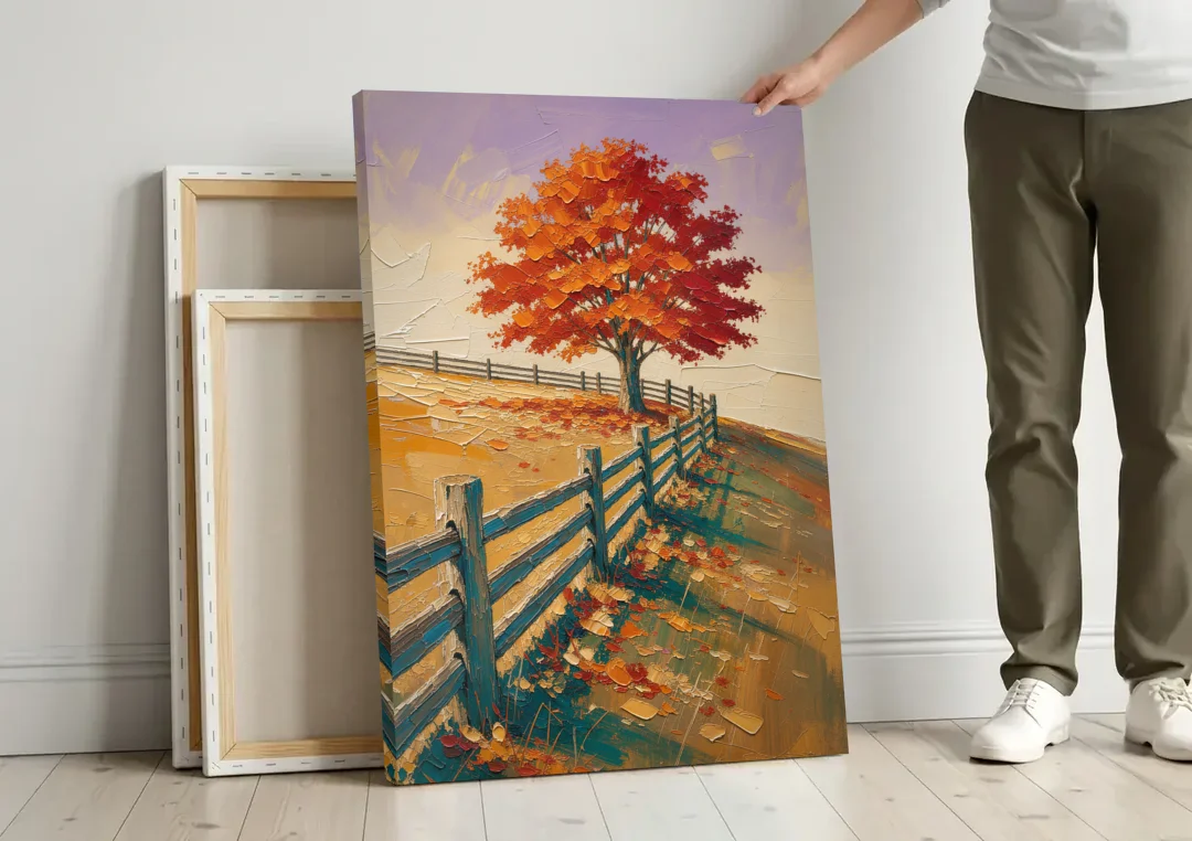 Rustic Landscape Wall Art with a Crimson Maple canvas wall art leaning against a wall next to blank canvases