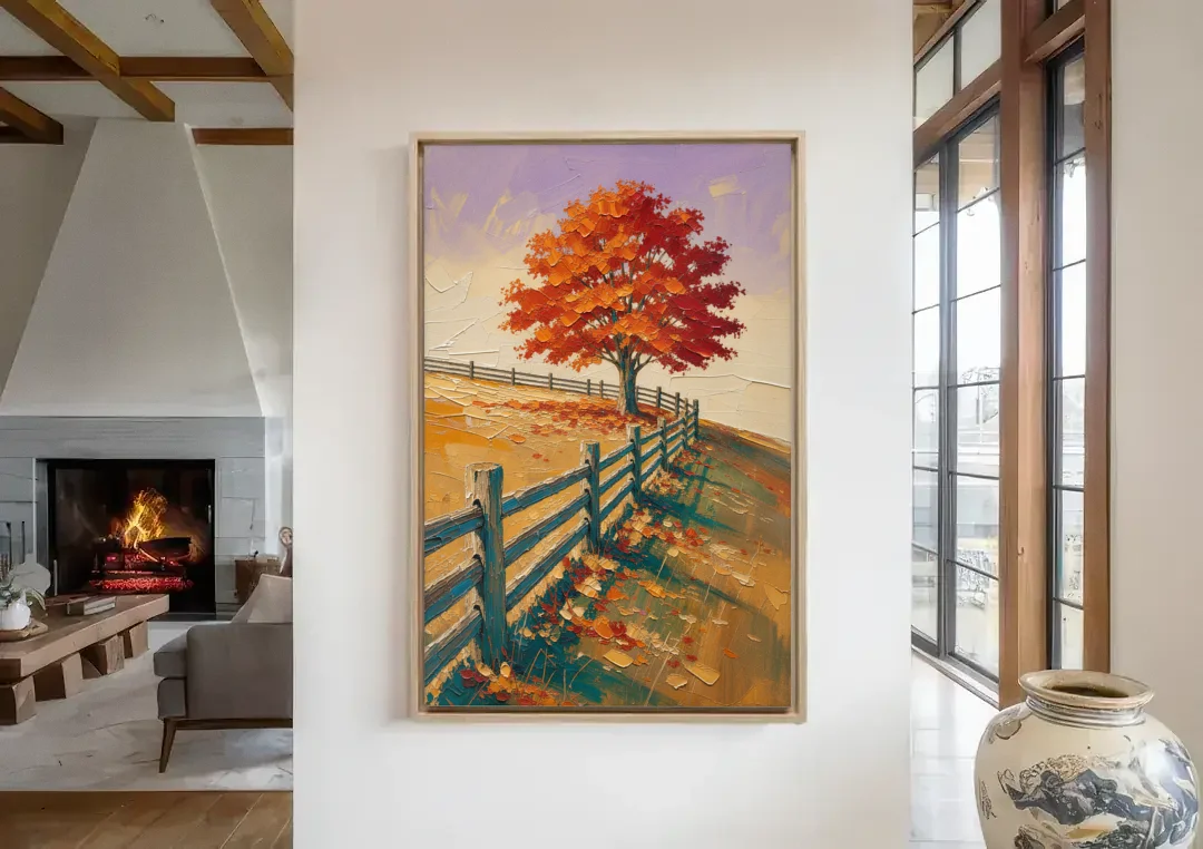 Rustic Landscape Wall Art with a Crimson Maple canvas wall art in a living room with a fireplace