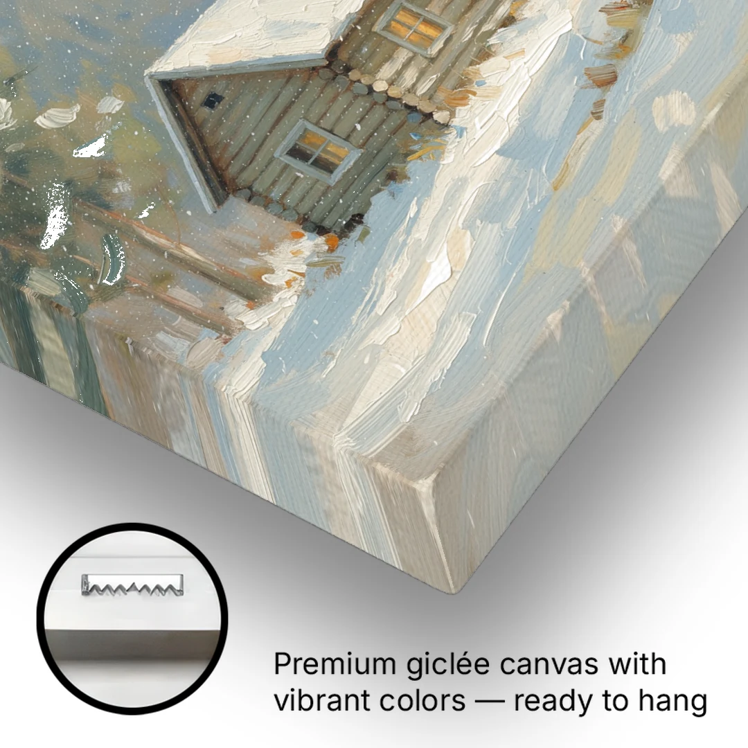 Rustic Lone Log Cabin Snow Scene - Canvas Wall Art - Gallery Wrap Corner