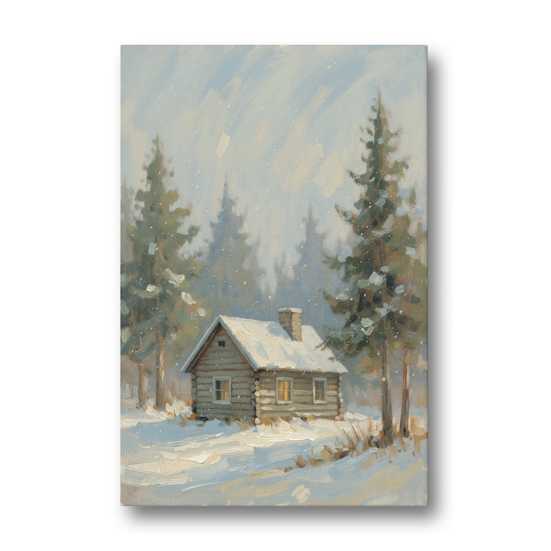 Rustic Lone Log Cabin Snow Scene - Canvas Wall Art - Front
