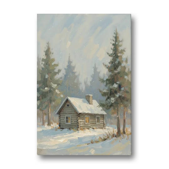 Rustic Lone Log Cabin Snow Scene - Canvas Wall Art - Front