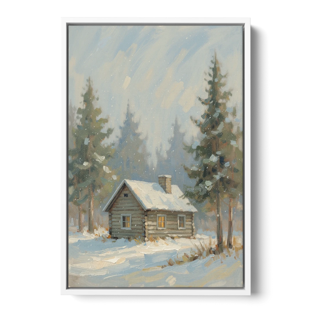 Rustic Lone Log Cabin Snow Scene - White Framed Canvas Wall Art - Front