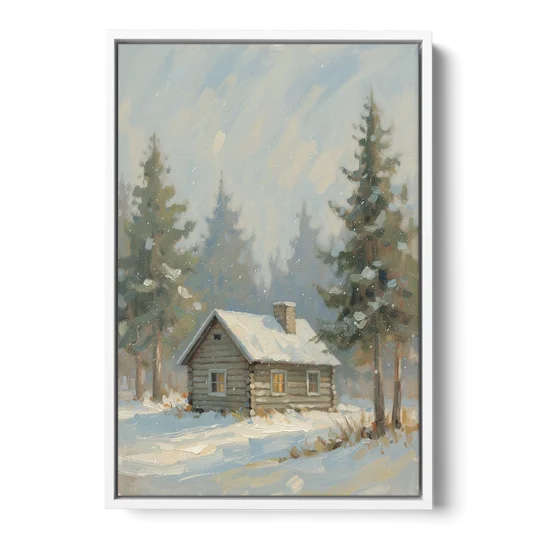 Rustic Lone Log Cabin Snow Scene - White Framed Canvas Wall Art - Front