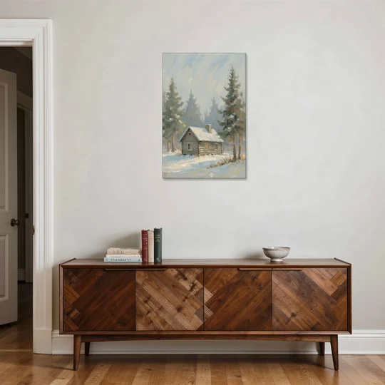 Rustic Lone Log Cabin Snow Scene - Canvas Wall Art - Coffee Table - 24x36