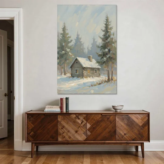 Rustic Lone Log Cabin Snow Scene - Canvas Wall Art - Coffee Table - 40x60