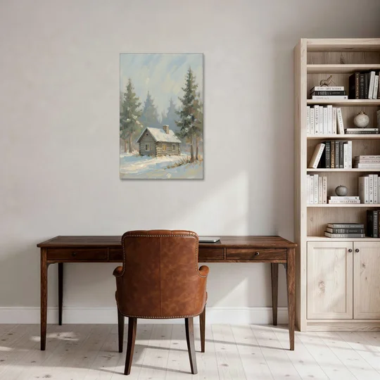 Rustic Lone Log Cabin Snow Scene - Canvas Wall Art - Office - 24x36