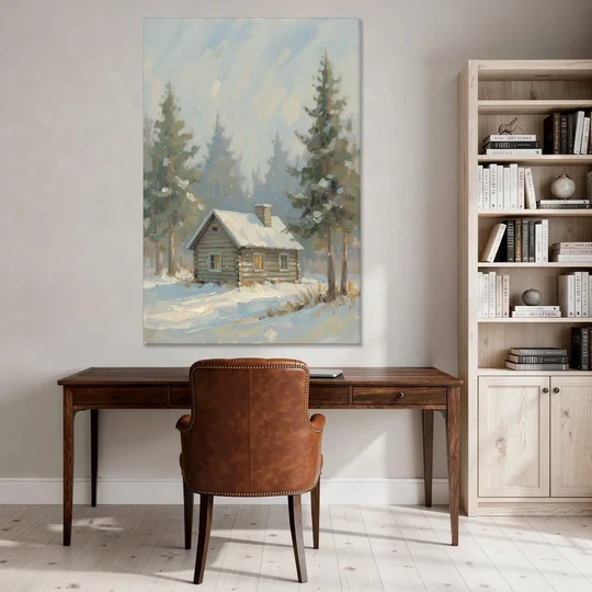 Rustic Lone Log Cabin Snow Scene - Canvas Wall Art - Office - 40x60
