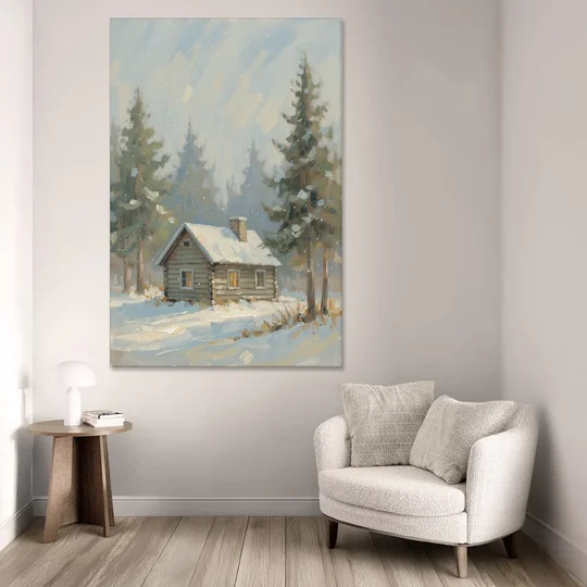 Rustic Lone Log Cabin Snow Scene - Canvas Wall Art - Sofa - 40x60