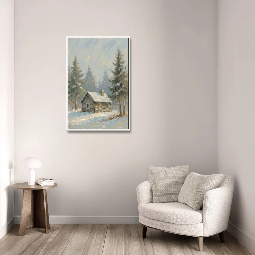 Rustic Lone Log Cabin Snow Scene - White Framed Canvas Wall Art - Sofa - 24x36