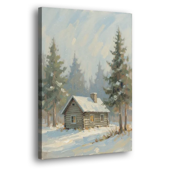 Rustic Lone Log Cabin Snow Scene - Canvas Wall Art - Side
