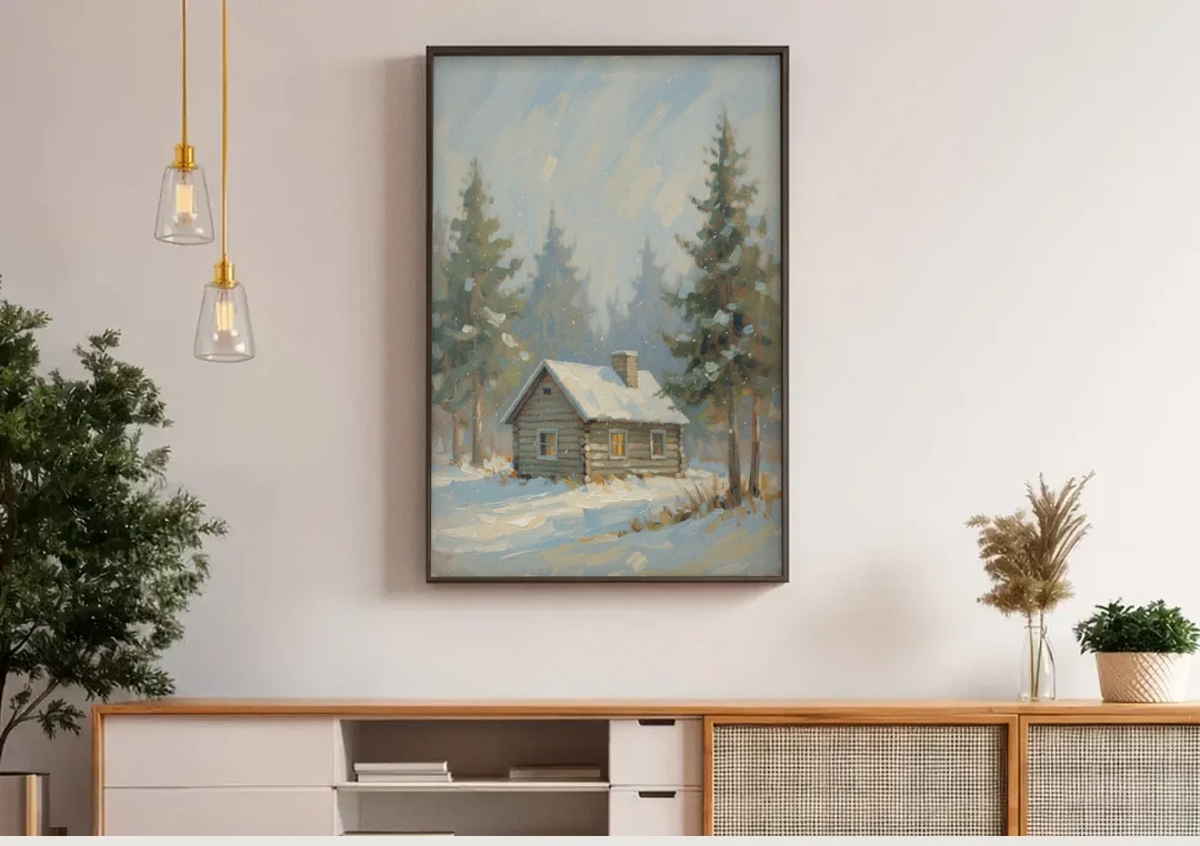 Rustic Lone Log Cabin Snow Scene canvas wall art above a wooden sideboard under pendant lights