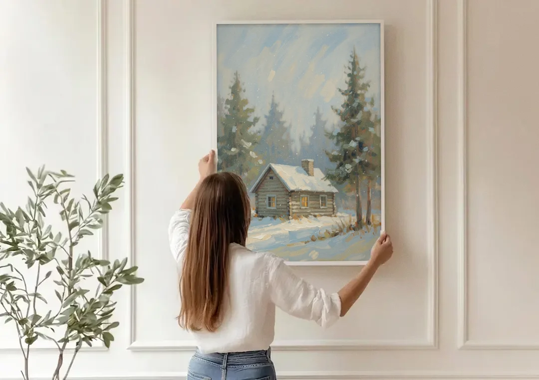 Rustic Lone Log Cabin Snow Scene canvas wall art being hung on a paneled wall