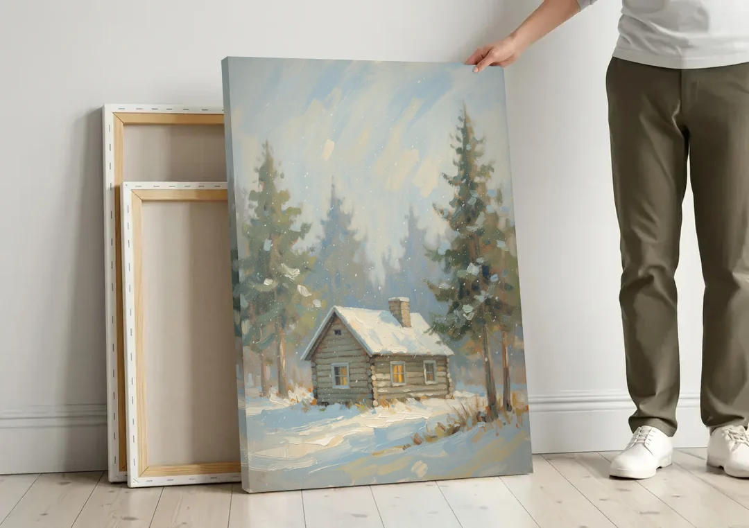 Rustic Lone Log Cabin Snow Scene canvas wall art leaning against a wall next to blank canvases