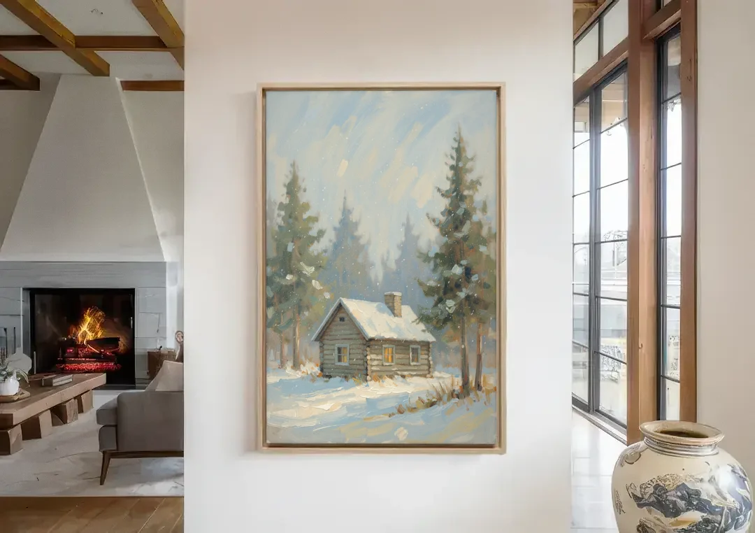 Rustic Lone Log Cabin Snow Scene canvas wall art in a living room with a fireplace