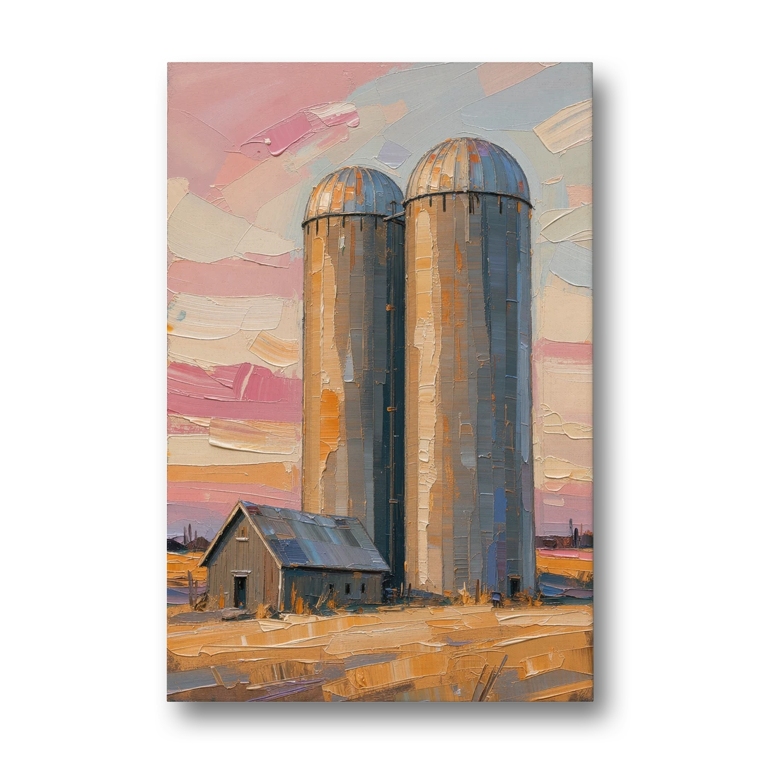 Rustic Paintings of Twin Silos Beside the Barn - Canvas Wall Art - Front