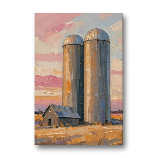 Rustic Paintings of Twin Silos Beside the Barn - Canvas Wall Art - Front