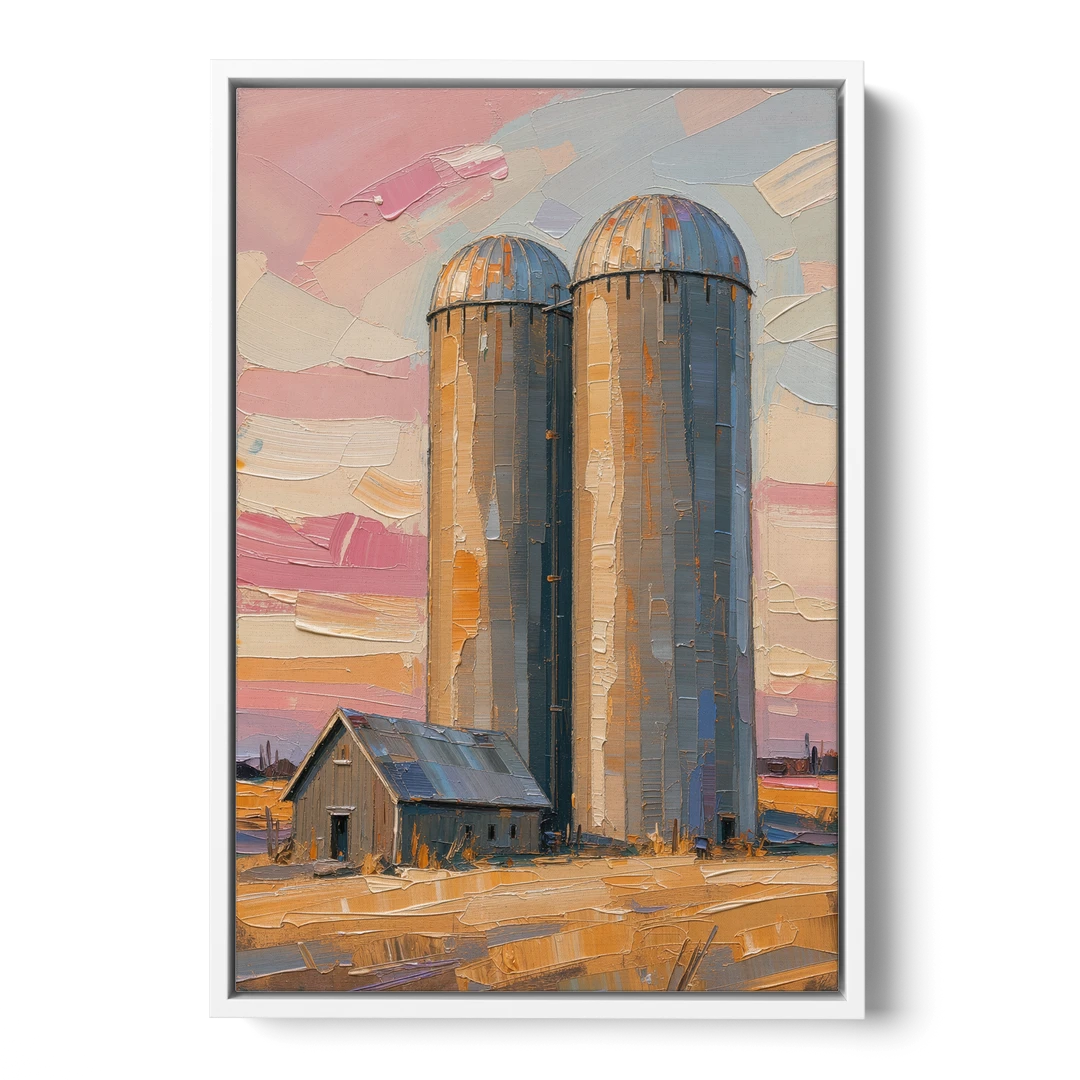 Rustic Paintings of Twin Silos Beside the Barn - White Framed Canvas Wall Art - Front