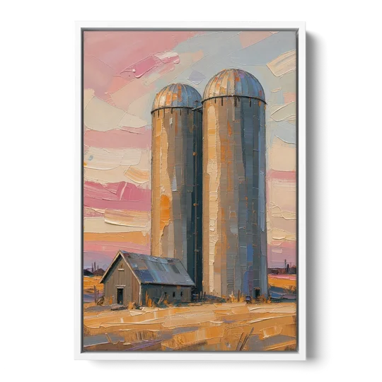 Rustic Paintings of Twin Silos Beside the Barn - White Framed Canvas Wall Art - Front
