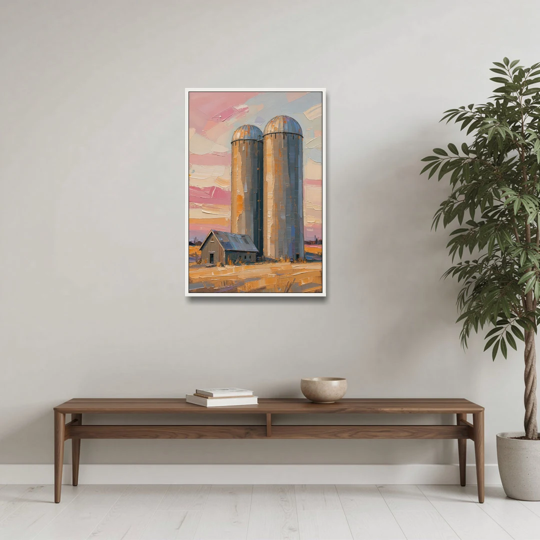 Rustic Paintings of Twin Silos Beside the Barn - White Framed Canvas Wall Art - Coffee Table - 24x36