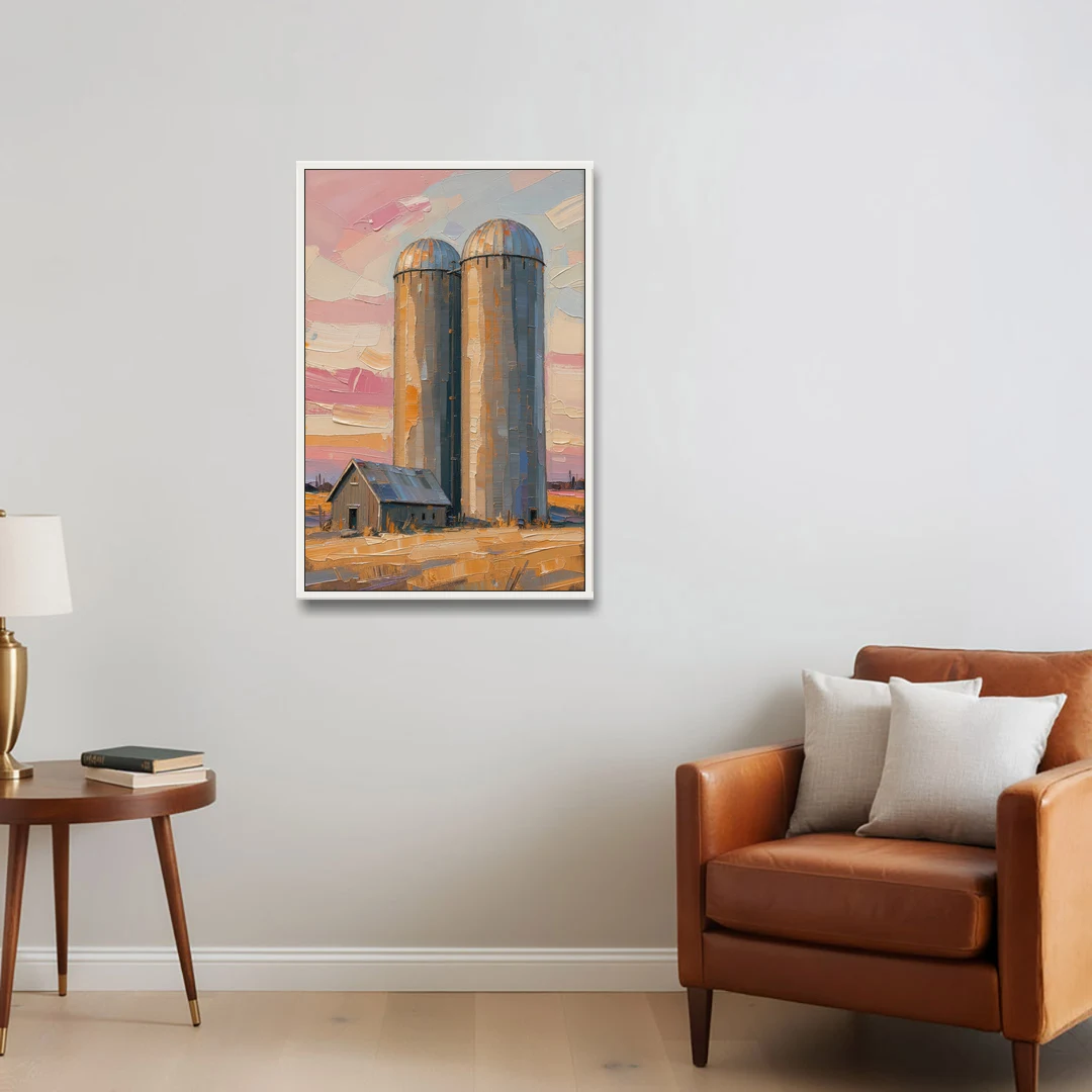 Rustic Paintings of Twin Silos Beside the Barn - White Framed Canvas Wall Art - Sofa - 24x36