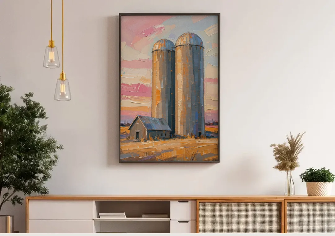 Rustic Paintings of Twin Silos Beside the Barn canvas wall art above a wooden sideboard under pendant lights