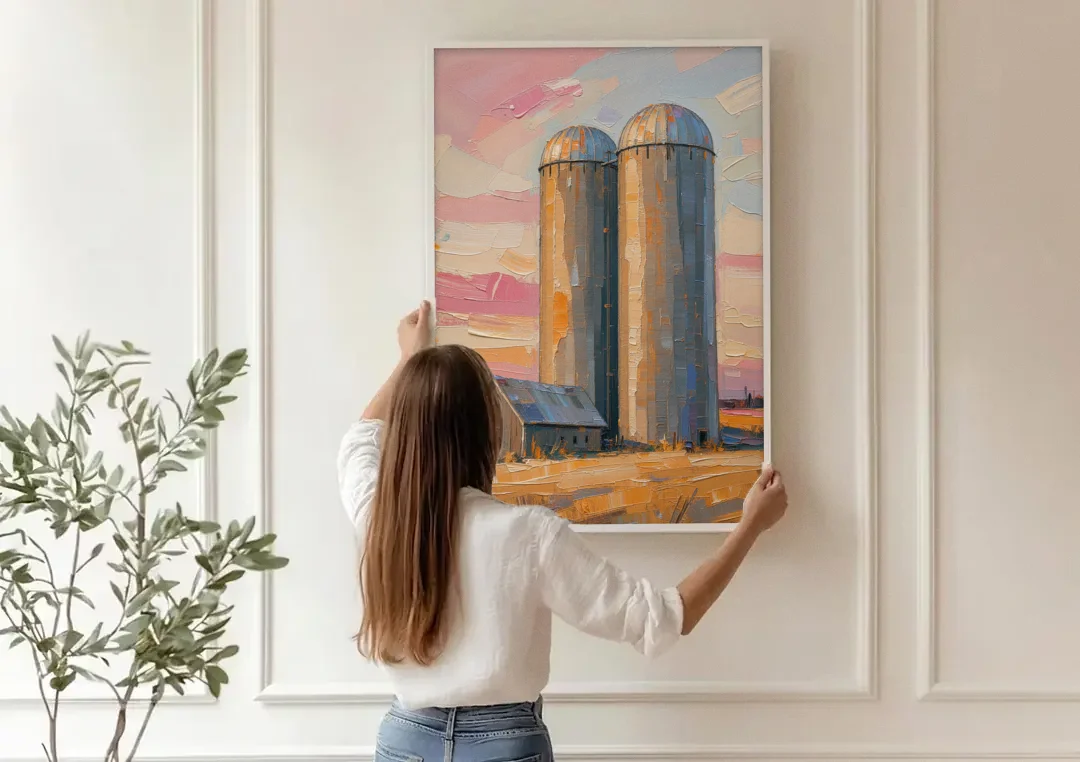 Rustic Paintings of Twin Silos Beside the Barn canvas wall art being hung on a paneled wall