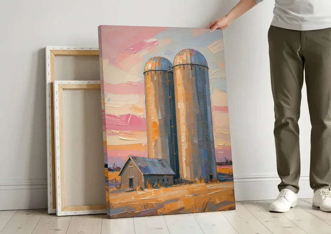 Rustic Paintings of Twin Silos Beside the Barn canvas wall art leaning against a wall next to blank canvases