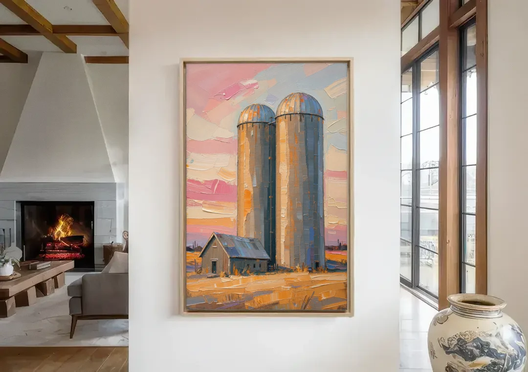 Rustic Paintings of Twin Silos Beside the Barn canvas wall art in a living room with a fireplace