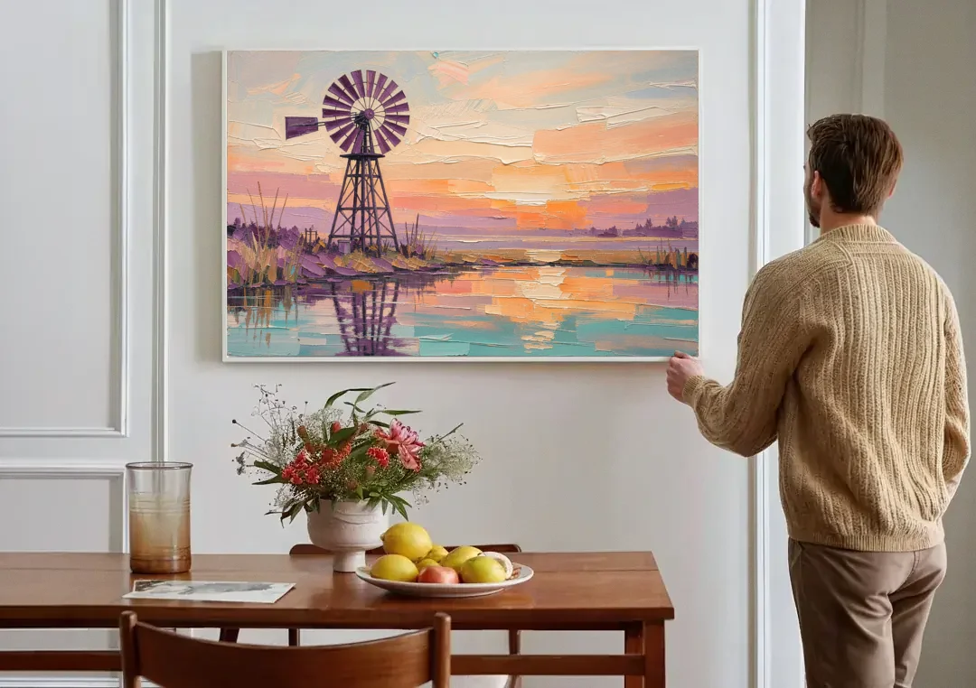 Rustic Wall Decor with a Windmill at Sunset canvas wall art above a dining table