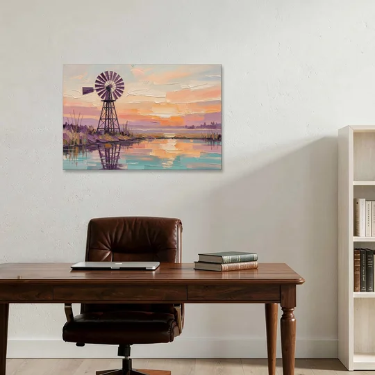 Rustic Wall Decor with a Windmill at Sunset - Canvas Wall Art - Office - 36x24