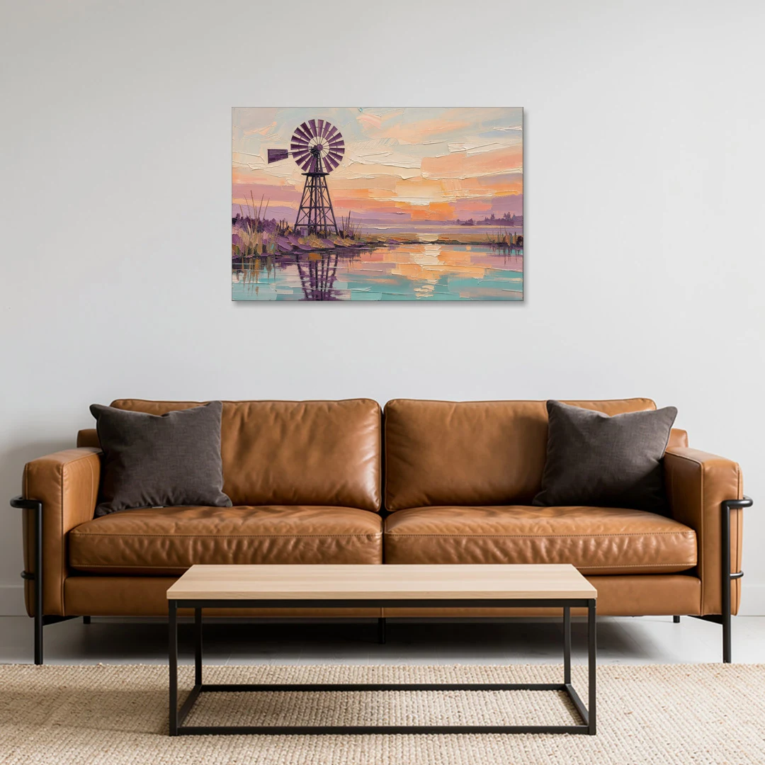 Rustic Wall Decor with a Windmill at Sunset - Canvas Wall Art - Sofa - 36x24