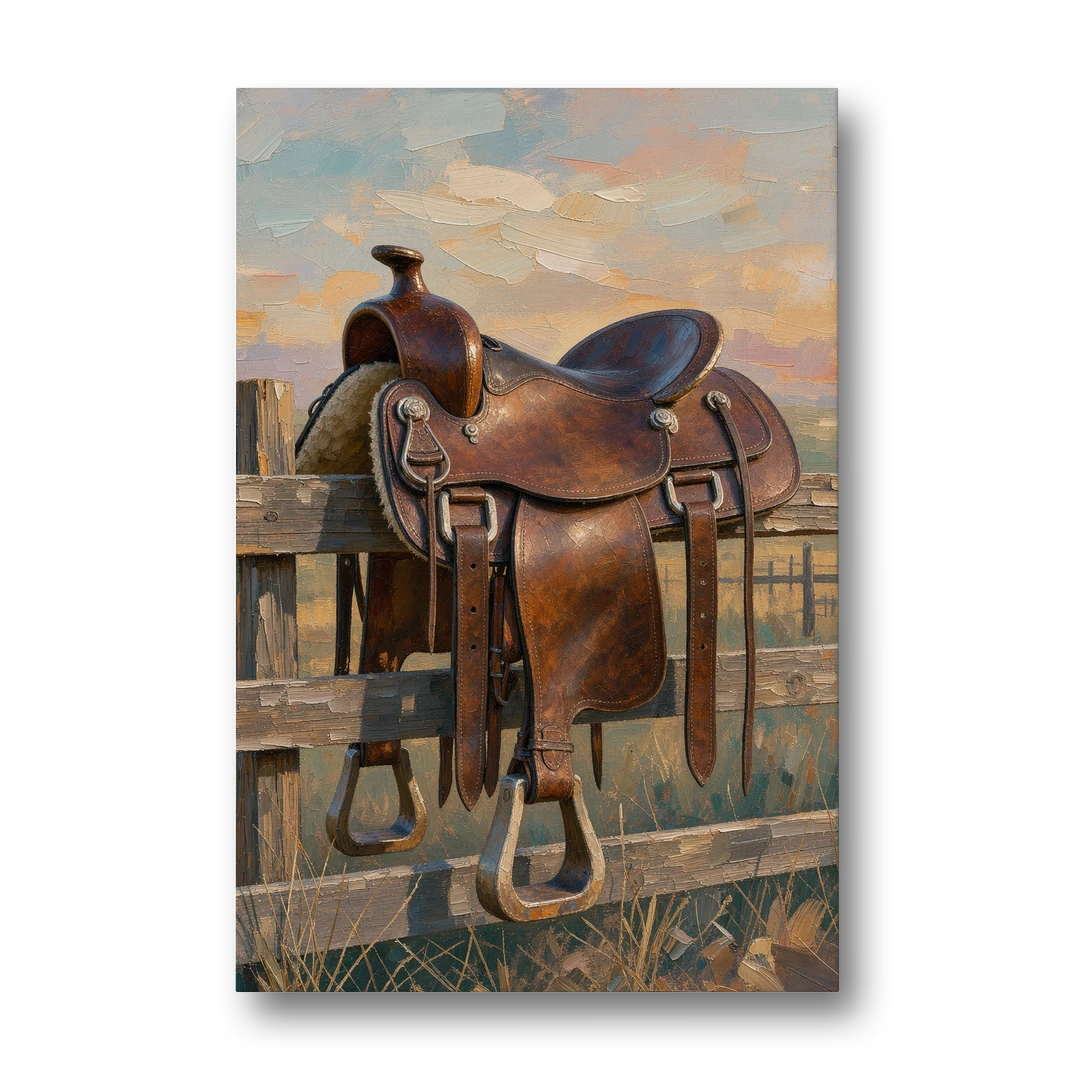 Rustic Western Wall Decor with Saddle at Sundown - Canvas Wall Art - Front