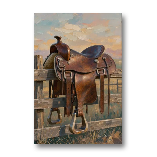 Rustic Western Wall Decor with Saddle at Sundown - Canvas Wall Art - Front